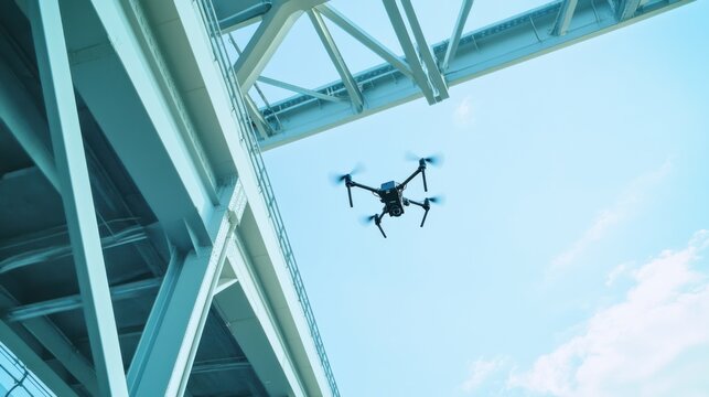 A cutting-edge AI-powered autonomous inspection system for bridges, clean infrastructure setting with drones designed for detailed structural assessments and safety checks, Inspection style