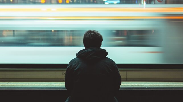 A lone figure sits in the shadows, observing the fast-paced city life outside a window.