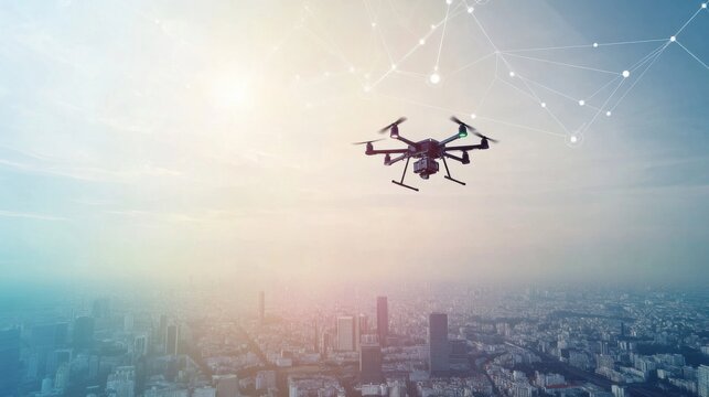 A cutting-edge AI-powered autonomous navigation system for drones, modern sky setting with drones equipped for precise and automated navigation, Navigation style