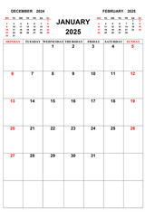 White calendar for January 2025 with previous and next months. Concept of the new year 2025