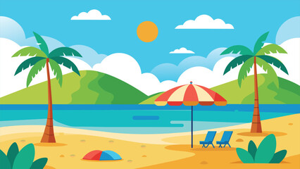 A cartoon illustration of a tropical beach scene with two palm trees, a blue ocean, a sandy shore, white clouds, a yellow sun, a striped beach umbrella, and two blue lounge chairs.