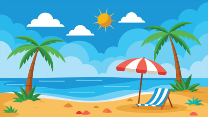 A cartoon illustration of a sunny beach scene with palm trees, a beach chair, an umbrella, blue sky with clouds, and a sandy beach next to a wavy ocean.