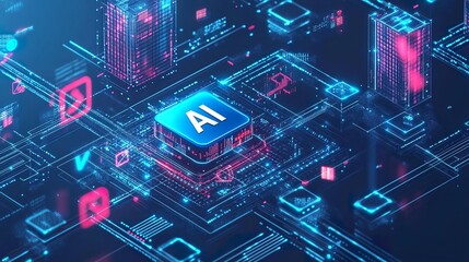 AI controls Futuristic Smart city. 3D isometric of holographic buildings inside a chip with AI or Artificial intelligence which effectively manages urban infrastructure.
