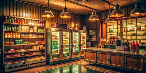Vintage Style Convenience Store Interior with Energy Drink Display and Signs