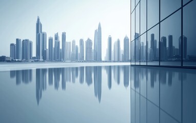 Fototapeta premium Modern office building exterior, with glass windows reflecting the city skyline