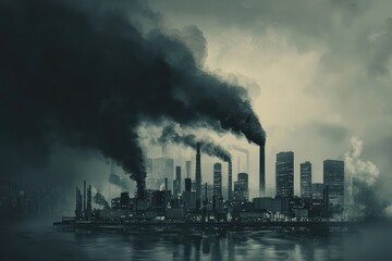 Depiction of a polluting industrial plant with CO2 emissions visualized as dark smoke against a city skyline, highlighting environmental challenges.