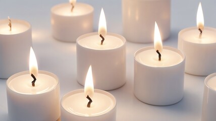 Group of white candles with lit flames creating a serene atmosphere on light background
