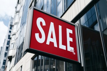 Obraz premium Advertising on a shop window on a building in a city, sign 