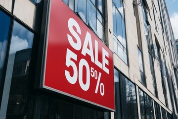 Obraz premium Advertising on a shop window on a building in a city, sign 