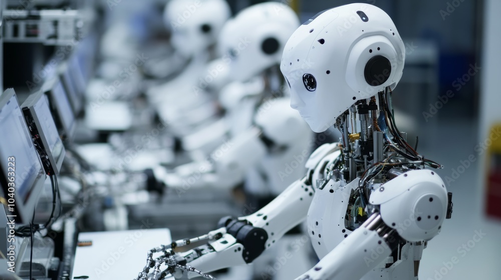 Aufkleber Advanced robotics workshop with humanoid robots assembling components, industrial setting with robotic arms and precision machinery, Industrial style