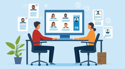 Digital approach to remote hiring and online job interviews, showcasing modern HR practices in reviewing applications and selecting candidates.