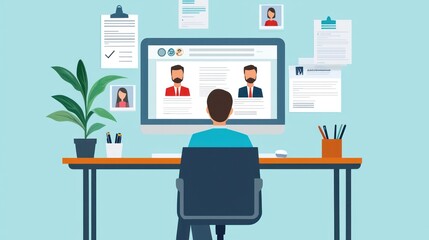 Digital approach to remote hiring and online job interviews, showcasing modern HR practices in reviewing applications and selecting candidates.