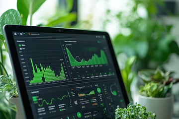 green analytics on display, a laptop screen showing various data analysis graphs and charts in green color, set against a backdrop of lush indoor plants, combining technology and nature.