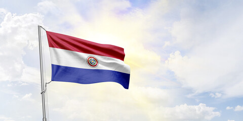 Paraguay flag waving on sky background. 3D Rendering