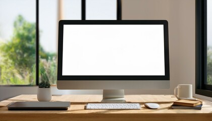 Fototapeta premium Modern computer with a blank screen on a wooden desk, indoor office setup, concept of a design workspace. 3D Rendering