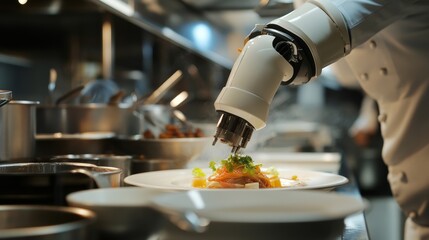 AI-controlled robotic chefs preparing gourmet meals in a high-end restaurant kitchen, culinary establishment with automated cooking systems, Gastronomy Innovation style