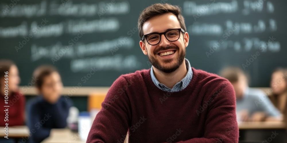 Poster a confident smiling teacher sits in a classroom. the background features a blackboard filled with te