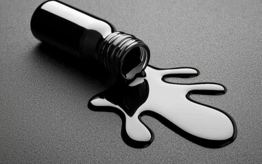 Naklejka premium A bottle of black ink tipped over on a desk, with ink spilling out and forming patterns on the surface