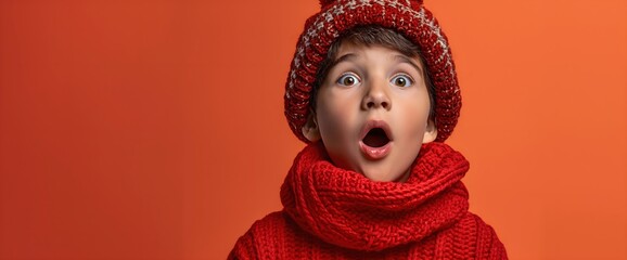 Surprised boy wearing red knit hat and scarf. Winter apparel for kids. Banner with copy space