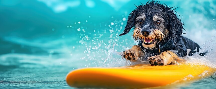 Dog surfing on yellow board in water with splashes. Pet water sports and summer fun concept