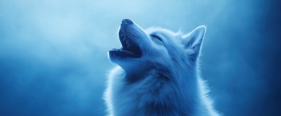 White dog howling against blue background. Pet emotion and behavior content