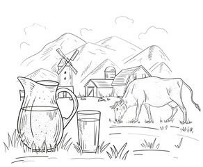 Rural landscape with cow and milk. Hand drawn village sketch with agriculture and domestic animals, pasture and house. Dairy products, harvest and countryside concept. Linear flat vector illustration