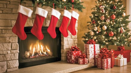 A cozy Christmas scene with stockings hung by the fireplace and a glowing tree, filled with ornaments and wrapped presents underneath