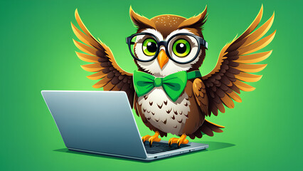 A friendly owl in glasses surfs the web on his laptop on a green background