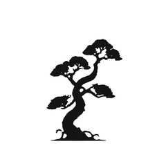 Fototapeta premium A silhouette of a bonsai tree with twisted, gnarled branches against a white background 