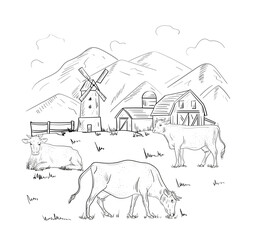Rural landscape with cow and milk. Hand drawn village sketch with agriculture and domestic animals, pasture and house. Dairy products, harvest and countryside concept. Linear flat vector illustration