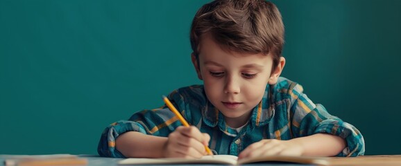 Boy writing in notebook wearing plaid shirt. Education and learning content