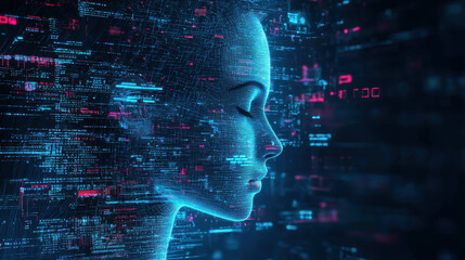 Futuristic digital profile of artificial intelligence with glowing data streams and code patterns