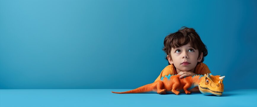Boy with orange dinosaur toy on blue background. Children toys and imagination content