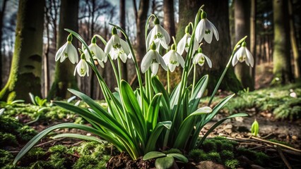 Vintage Style Photography of Delicate Snowdrops in a Serene Forest Environment