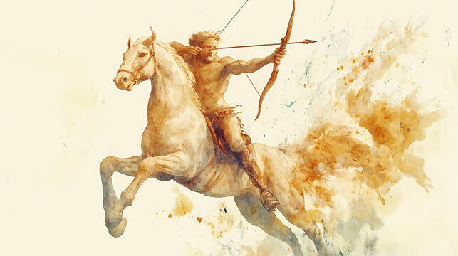 A watercolor illustration of a centaur riding a horse and shooting an arrow. Centaurs in Battle. Illustration