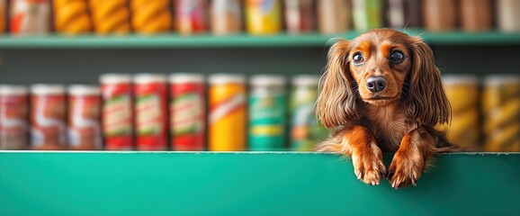 Dachshund dog on green shelf with food cans background. Pet food store and supplies advertising