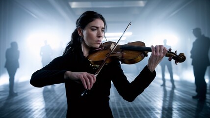 Solo Violinist in the Spotlight: A woman in black, standing in the foreground, plays her violin with deep focus, the silhouette of her bandmates behind her. The stage is bathed in a moody.