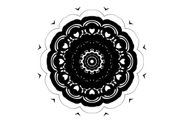 Organic mandala design with radiating patterns of leaves and flowers in black and white
