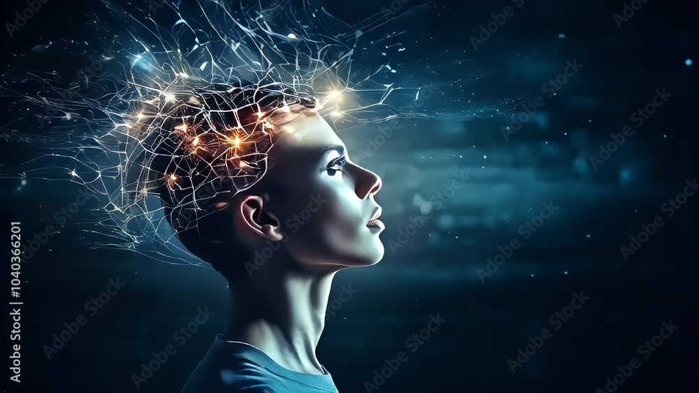 Poster video of a person with illuminated neural connections in their brain on a dark background. concept o