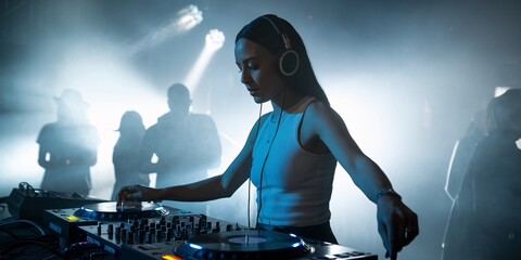 Female DJ Mixing Music in a Club.  