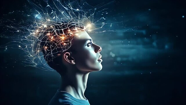Video of a person with illuminated neural connections in their brain on a dark background. Concept of connection and emotional intelligence