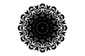 Intricate mandala in black and white symbolism and a central circle for harmony
