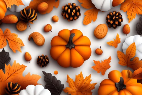 Watercolor pumpkins and leaves, with soft brushstrokes and muted autumn tones, capturing the warmth and charm of November decorations