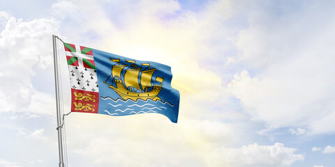 Saint Pierre and Miquelon flag waving on sky background. 3D Rendering