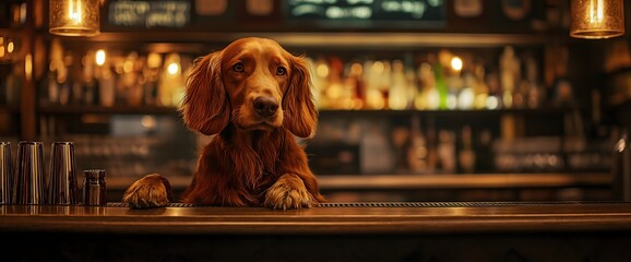 Irish setter at bar counter with bottles in dark atmosphere. Pet lifestyle and restaurant marketing