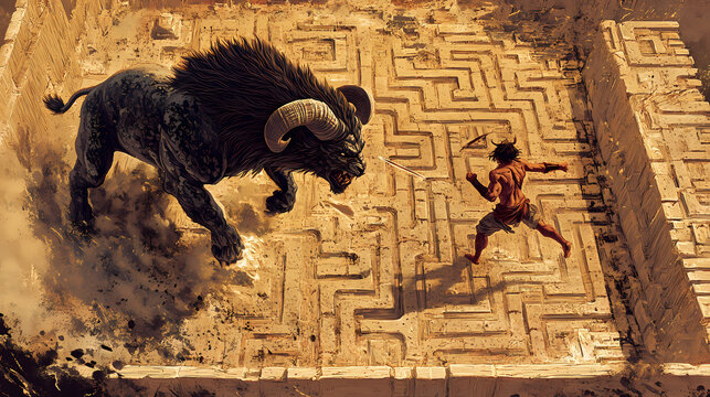 Above the labyrinth, theseus and the minotaur locked in battle, intricate maze visible , stable diffusion. Minotaur Labyrinth. Illustration