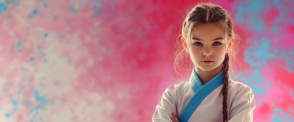 Girl in white martial arts uniform with blue belt on pink gradient background. Youth sports and combat training marketing