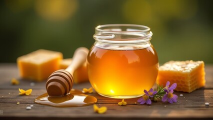 A jar of honey is sitting on a wooden table with a spoon and a piece of cheese