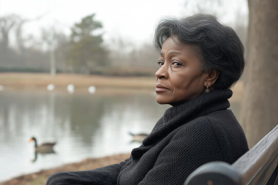 Senior african american woman seated on a bench by a serene lake, deep in thought with a blend of gravity and worry