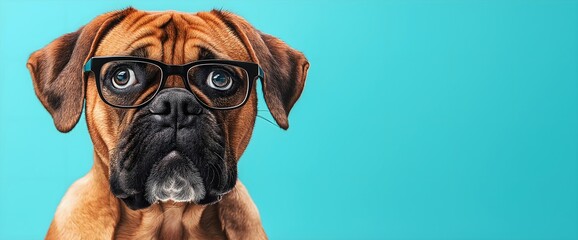 Boxer dog wearing glasses on turquoise background with copy space. Pet fashion and optical accessories marketing